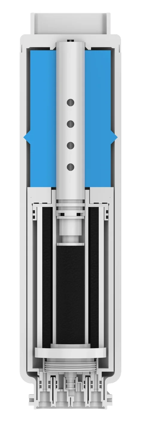 Aer Et Aqua W61 4-in-1 filtro elemento vidinė sandara – pjūvis, rodantis PP/anglies pluošto ir RO membranos blokus