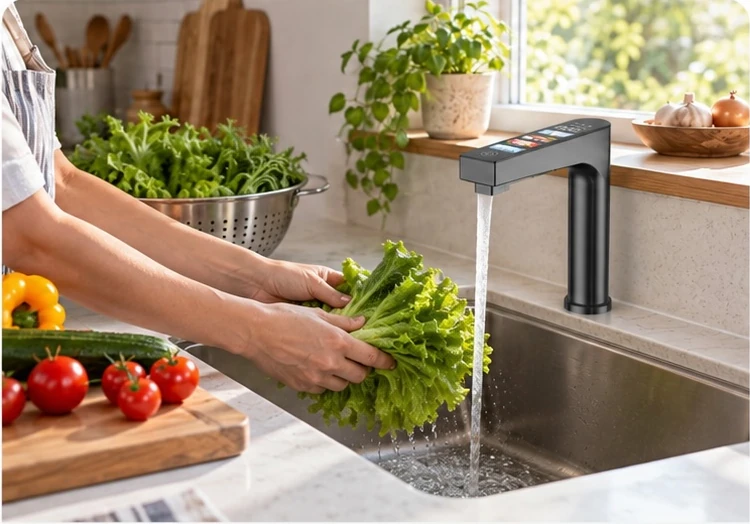 Rankos plauna daržoves po Aer Et Aqua W10 čiaupo vandeniu virtuvės kriauklėje